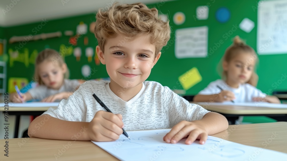 Happy young boy drawing in elementary school classroom with classmates in the background