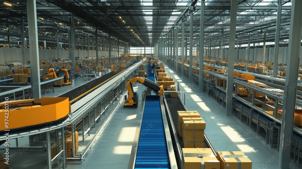 Fototapeta premium Automated Warehouse Conveyor System with Robotic Arms