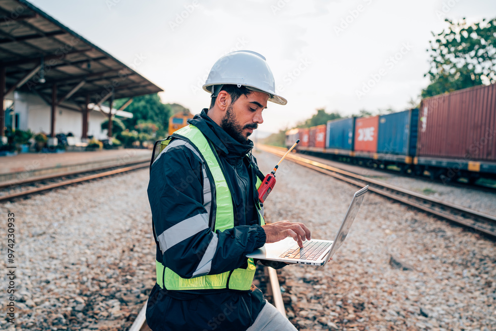 Engineer wearing safety uniform sitting on railway inspection. construction worker on railways. Engineer working on Railway. Rail, engineer, Infrastructure. Engineer wearing safety uniform sitting on railway inspection. construction worker on railways. Engineer working on Railway. Rail, engineer, Infrastructure.