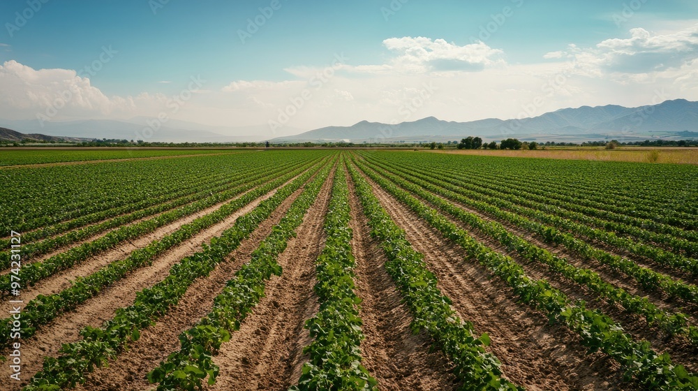 Automated irrigation system in a large crop field, no people, with copy space. Automated irrigation system in a large crop field, no people, with copy space.
