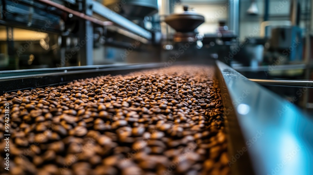 Automated processing of coffee beans in a factory, no people, and copy space Automated processing of coffee beans in a factory, no people, and copy space