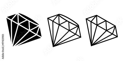 Diamond set icon. Simple three-dimensional flat icons. Black line gemstones and silhouettes as diamond, ruby, sapphire and emerald. Collection of diamond gemstones. Vector icon illustration