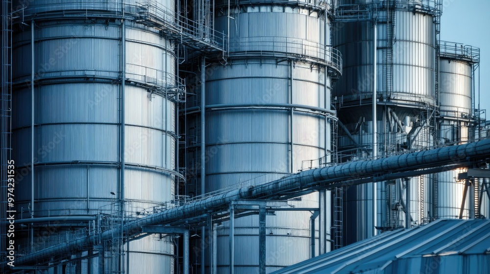 Close-up of grain silos at a processing plant with ample copy space and no people