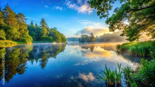 Early morning mist rises from a serene lake, reflecting vibrant blue sky and lush greenery, with a subtle hint of morning sunlight peeking through treetops.