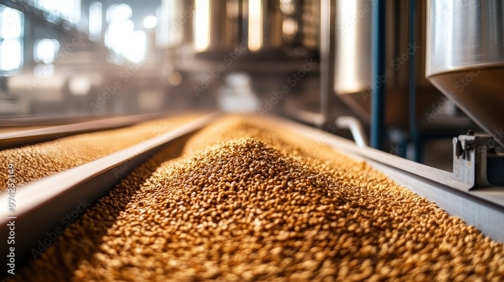 Industrial processing of grains in a modern facility, no people, copy space Industrial processing of grains in a modern facility, no people, copy space