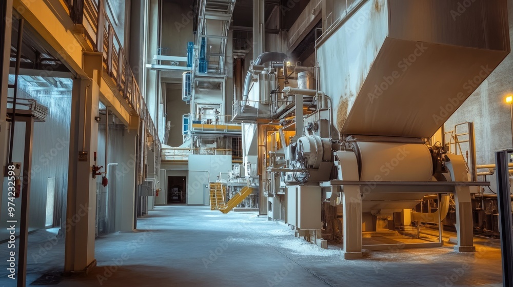 Inside a flour mill with processing machines running, no people, with text space Inside a flour mill with processing machines running, no people, with text space