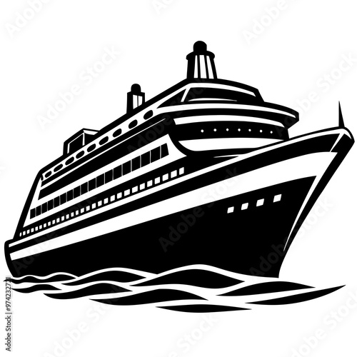 Black and white hand-drawn sea ship silhouette isolated on a white background. Ship clipart vector silhouette