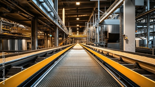 Inside a grain processing facility with conveyor systems, no people