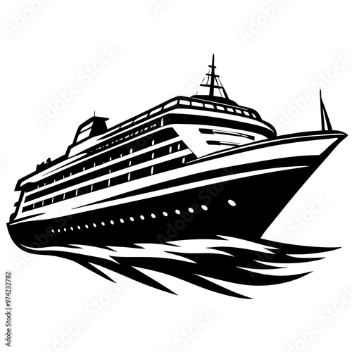 Black and white hand-drawn ocean ship icon silhouette isolated on a white background. Ship clipart vector silhouette