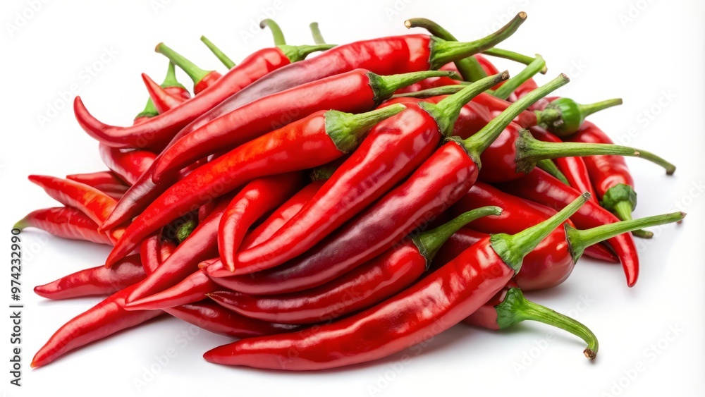Vibrant red chili peppers stand out against a stark white backdrop, imbuing dishes with a fiery essence for Vibrant red chili peppers stand out against a stark white backdrop, imbuing dishes with a fiery essence for