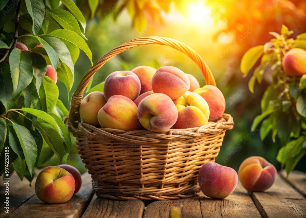 Ripe, juicy peaches overflow from a rustic wooden basket, surrounded by lush green leaves and soft golden light, Ripe, juicy peaches overflow from a rustic wooden basket, surrounded by lush green leaves and soft golden light,