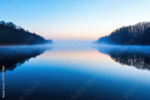 Serene lake surrounded by foggy trees at dawn, reflecting soft hues of blue and orange in calm water, creating a peaceful atmosphere.