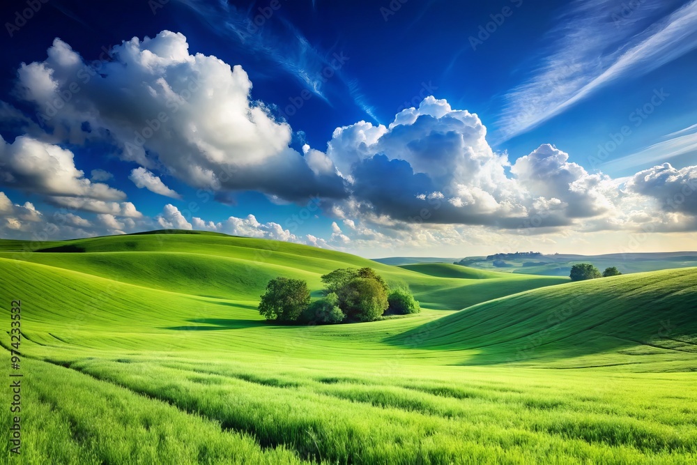 Rolling hills of vibrant green grass stretch towards the horizon, under a bright blue sky with scattered white Rolling hills of vibrant green grass stretch towards the horizon, under a bright blue sky with scattered white