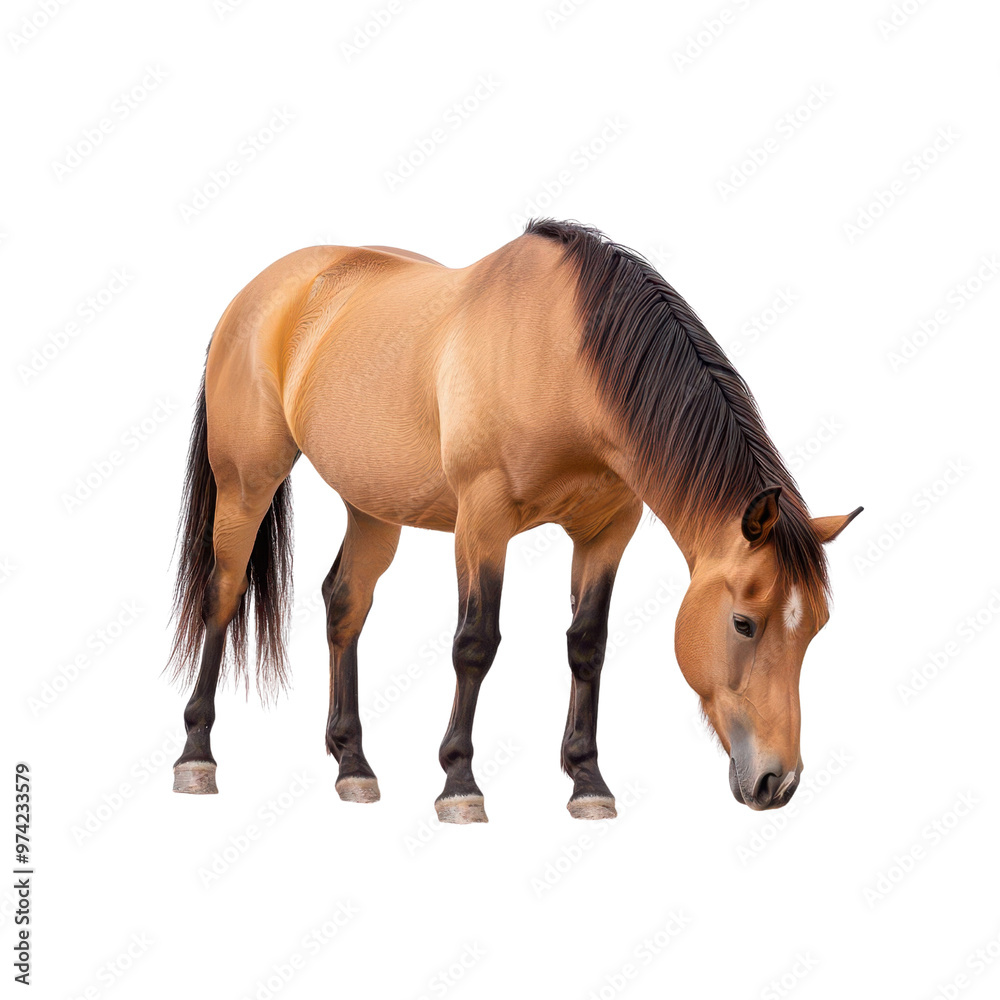Obraz premium A majestic brown horse grazing peacefully in a lush green field, showcasing the beauty of nature and equine serenity.