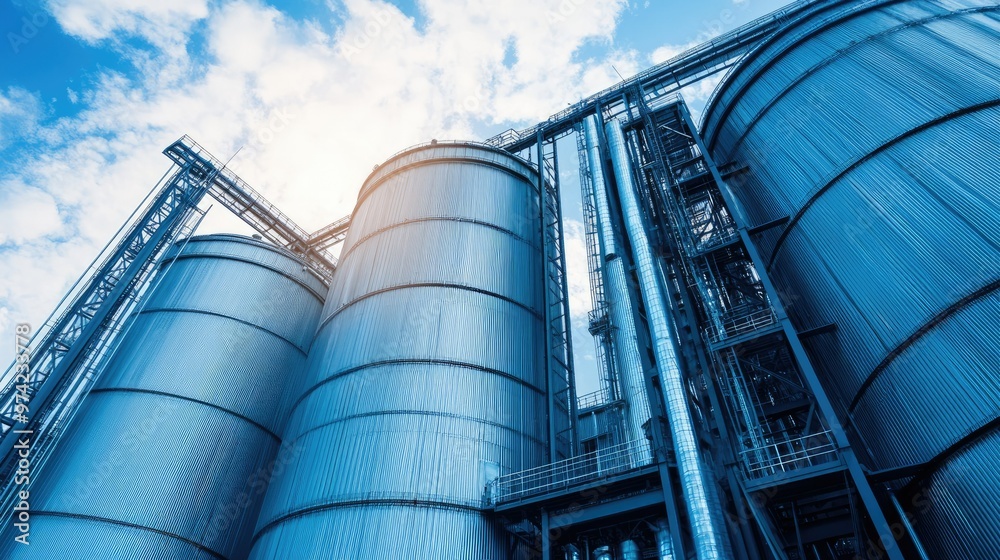Large grain silos at an agricultural processing plant, no people, copy space Large grain silos at an agricultural processing plant, no people, copy space