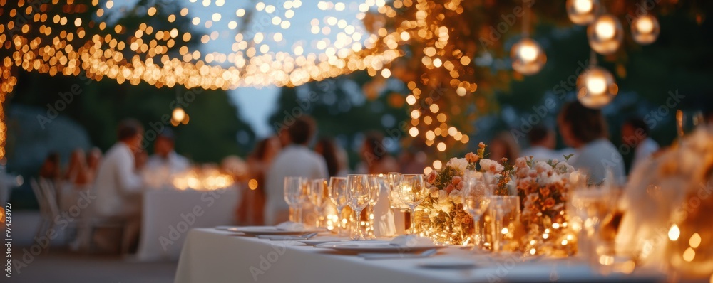 Guests enjoy a luxurious outdoor dinner party under string lights and a starry sky Guests enjoy a luxurious outdoor dinner party under string lights and a starry sky