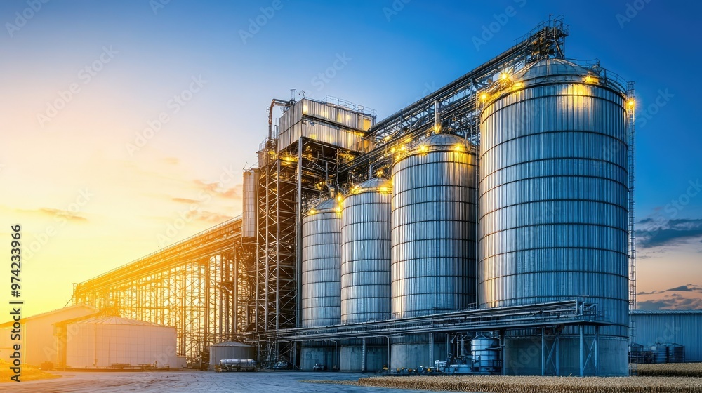 Obraz premium Large silos storing harvested grains, no people, with ample copy space.