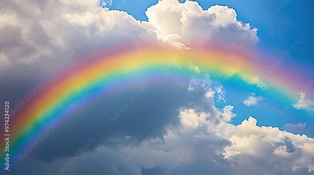 A vibrant rainbow arcs across a blue sky, framed by soft, white clouds, creating a serene and colorful natural scene. A vibrant rainbow arcs across a blue sky, framed by soft, white clouds, creating a serene and colorful natural scene.