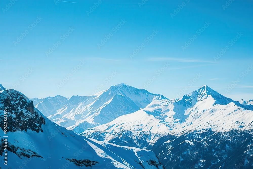 Obraz premium Breathtaking view of snow-capped mountains under a clear blue sky, showcasing nature's beauty and tranquility in winter landscape.