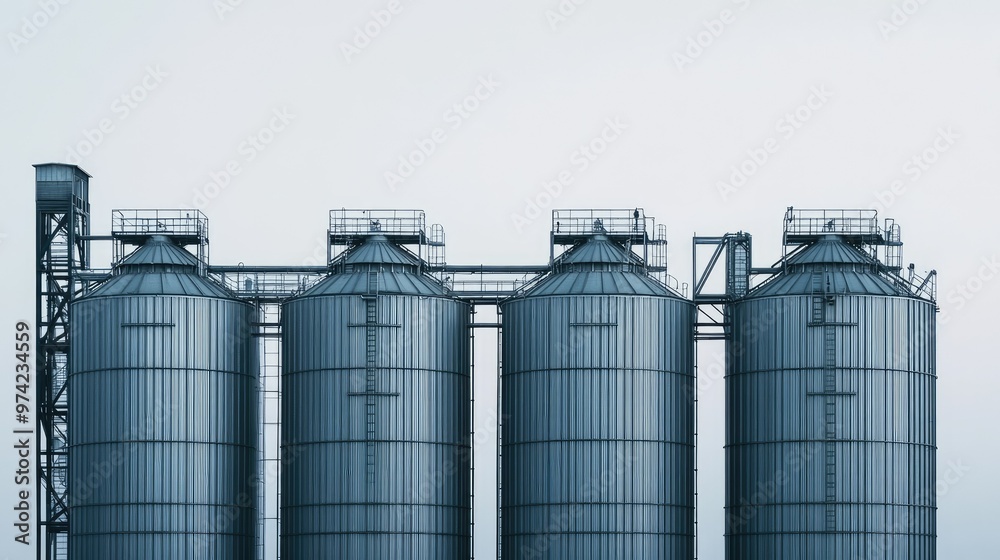Modern grain silos at an agricultural processing plant, no people, and space for text Modern grain silos at an agricultural processing plant, no people, and space for text
