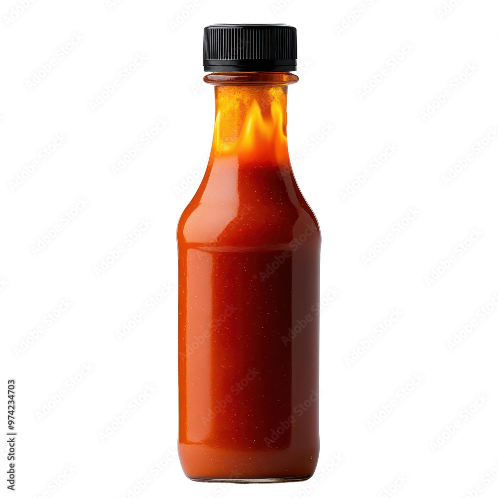 A vibrant bottle of hot sauce, showcasing its rich red color and appealing packaging, ideal for culinary and food photography. A vibrant bottle of hot sauce, showcasing its rich red color and appealing packaging, ideal for culinary and food photography.