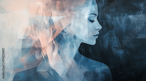 Abstract Modern Representation of a Young Woman in Layered Semi-Transparent Shapes and Gradients of Icy Blue, Pale Pink, and Shimmering Silver