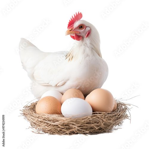 A white hen sits gracefully in a nest of eggs, symbolizing fertility and farm life, perfect for agricultural themes. photo