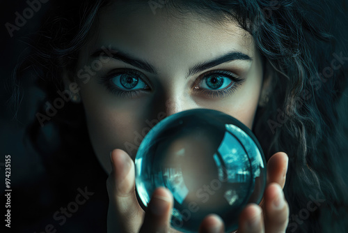 A mystical scene of a hand delicately holding a crystal ball with long, flowing hair in the background, evoking themes of mystery, future, and fortune telling. photo