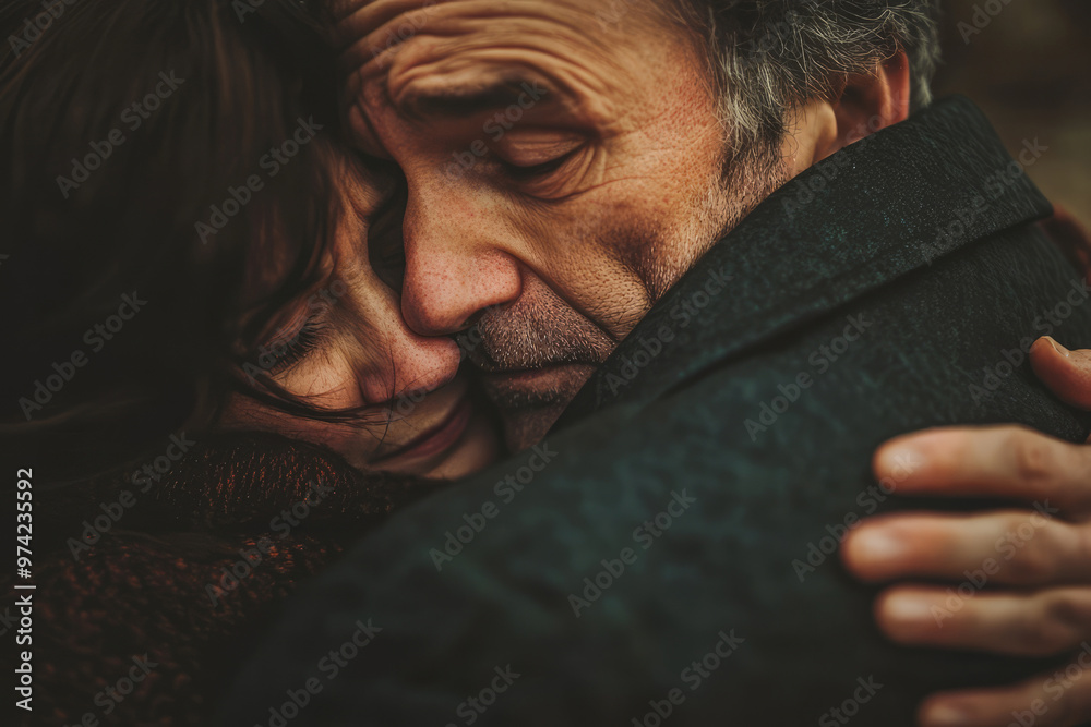 Fototapeta premium A heartfelt image depicting two individuals sharing a deep, emotional embrace, conveying themes of comfort, connection, and affection in a close, intimate moment.