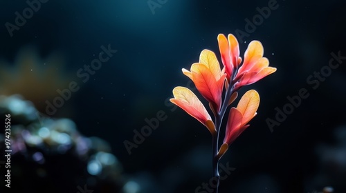  A tight shot of a red and yellow flower on its stem, with water droplets surrounding the base in the background photo