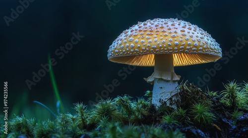  A tight shot of a mushroom, its cap illuminated by a nearby light, surrounded by moss-covered ground against a dark backdrop