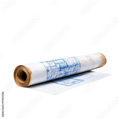 Detailed architectural blueprint rolled up, showcasing design elements and measurements for construction or renovation projects.