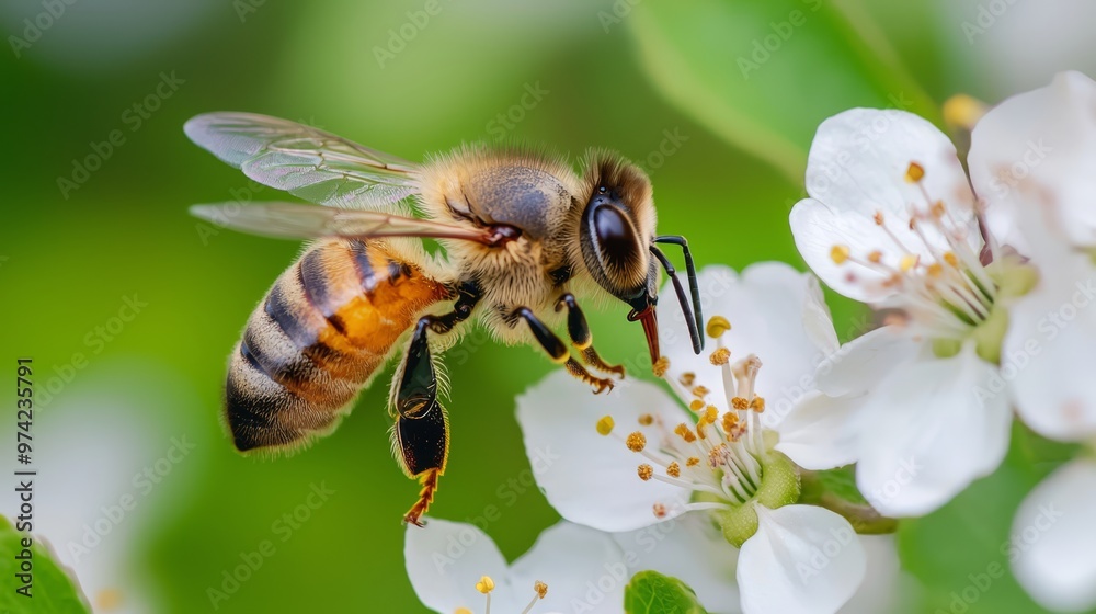 A bee atop a white flower, adjacent to a green and white leafy plant abundant with white blooms A bee atop a white flower, adjacent to a green and white leafy plant abundant with white blooms