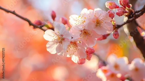  A branch of a tree, tightly framed, displays white and pink flowers in the foreground, while the background softly blurs