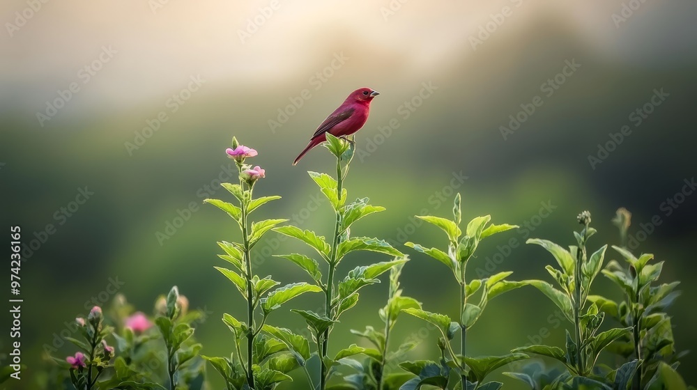 A red bird perches on a green plant with leafy foliage, contrasting against a softly blurred backdrop of pink blooms A red bird perches on a green plant with leafy foliage, contrasting against a softly blurred backdrop of pink blooms