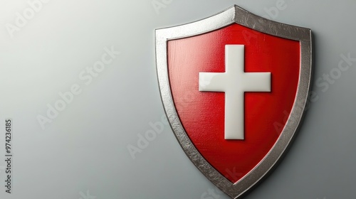 A red shield with a white cross on a gray background. photo