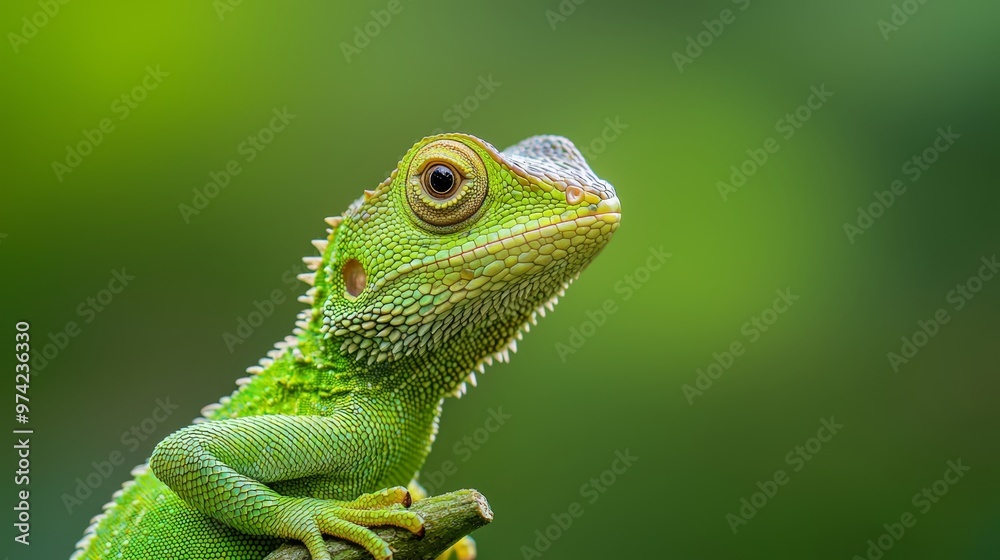 Obraz premium A tight shot of a green lizard perched on a branch against a softly blurred background