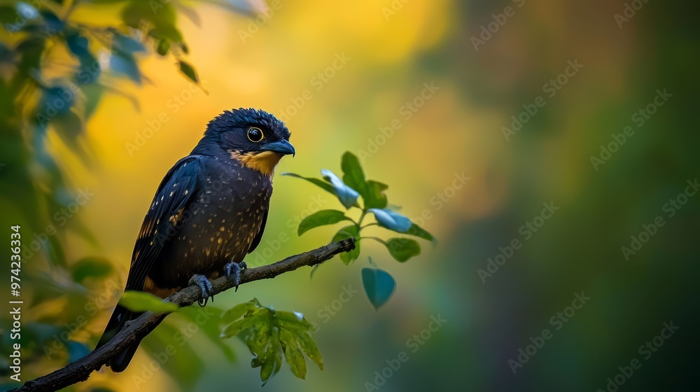 Obraz premium A bird perches on a tree branch, adorned with green foliage Background softly blurred