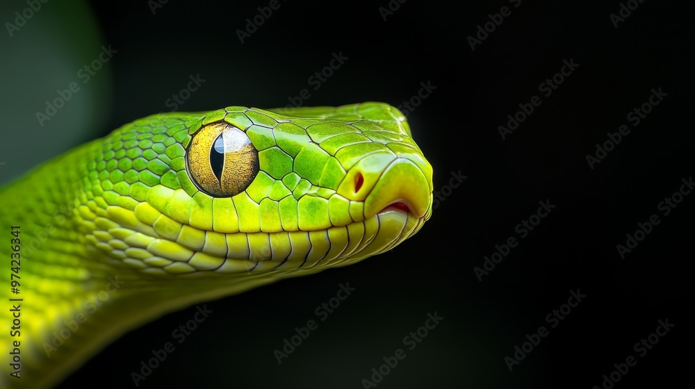 A tight shot of a green snake's head against a black backdrop, its yellow eye glowing vividly A tight shot of a green snake's head against a black backdrop, its yellow eye glowing vividly