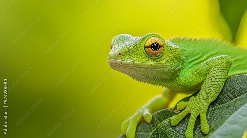 A clear-background green chameleon atop a leaf on a verdant plant A clear-background green chameleon atop a leaf on a verdant plant