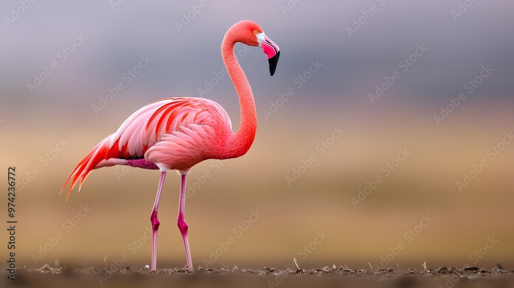 Fototapeta premium A pink flamingo stands in a field, head turned to one side, legs slightly bent