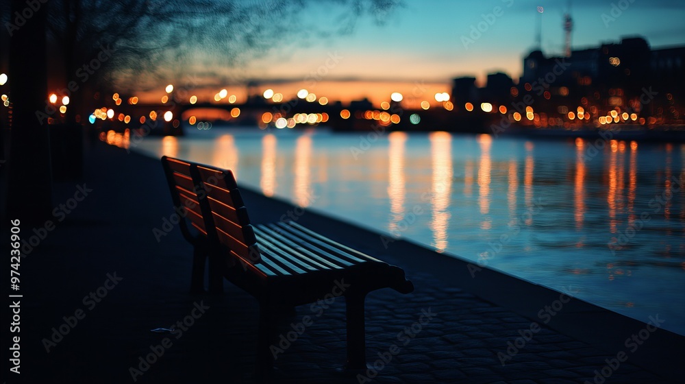 Fototapeta premium Cityscape with Empty Benches at Night, Quiet Urban Scene, City Lights, Tranquil Streets, Peaceful Park, Evening Atmosphere, Urban Night, new beautiful stock image illustration AI
