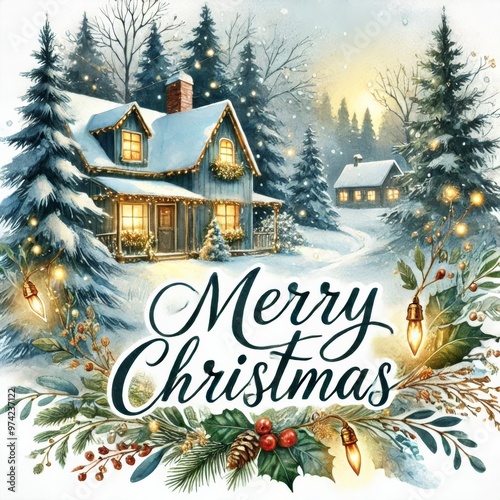 A festive watercolor graphic design featuring an outdoor Christmas scene. The scene includes snow-covered pine trees, softly glowing lights