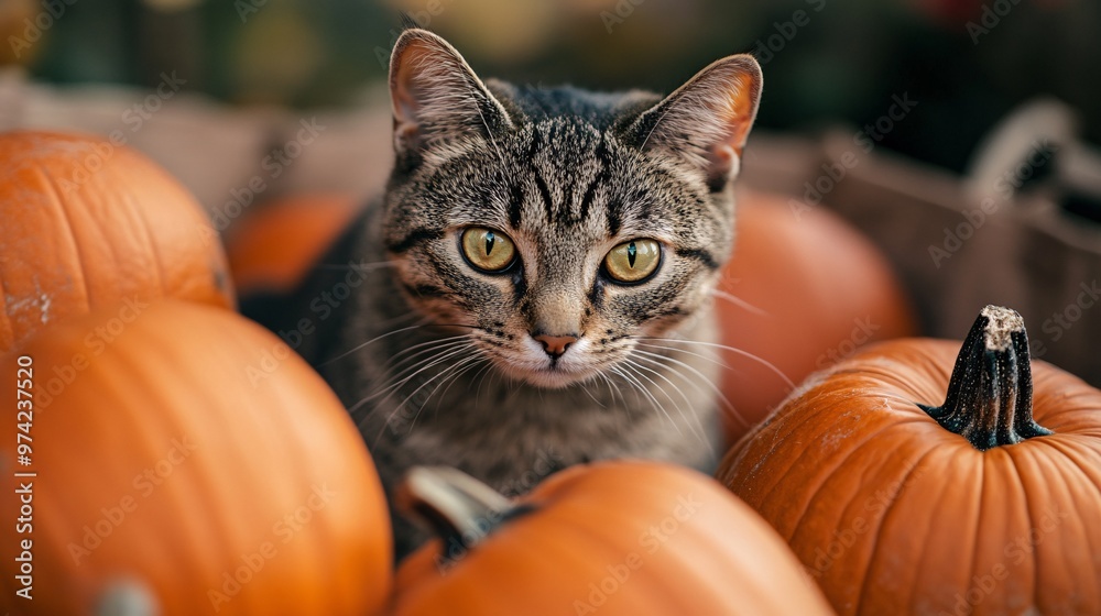 A tabby cat with pumpkins A tabby cat with pumpkins