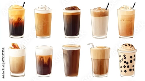 A set of 10 realistic illustrations of various iced coffee beverages.