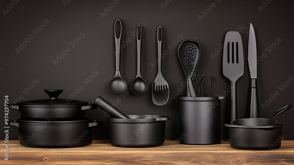 A set of black kitchen utensils and cookware on a wooden table against a black background. A set of black kitchen utensils and cookware on a wooden table against a black background.