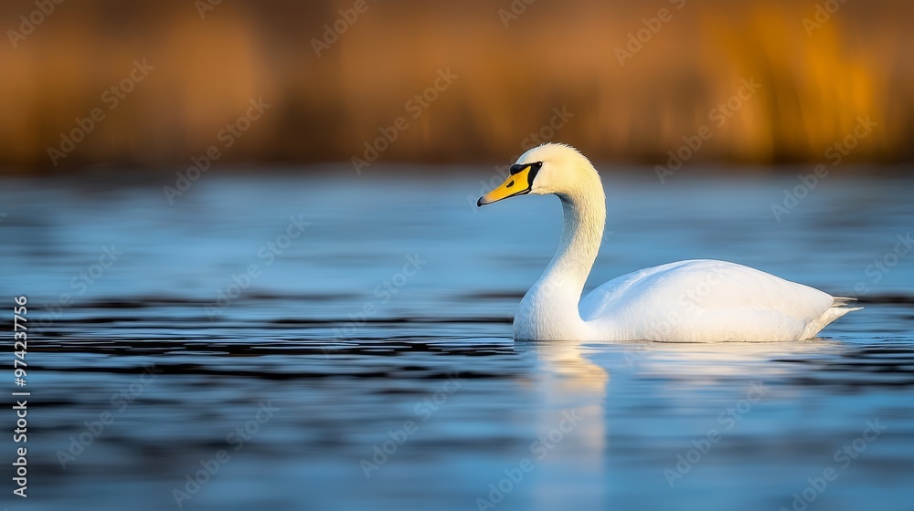 A white swan floats atop a tranquil lake Nearby, a hillside is covered in tall grasses The scene includes a grass-covered hillside and a body A white swan floats atop a tranquil lake Nearby, a hillside is covered in tall grasses The scene includes a grass-covered hillside and a body