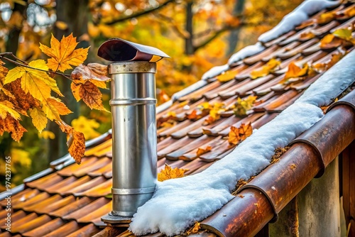 Rusted metal flue pipe installed on a exterior wall, connecting to a wood-burning heater, surrounded by autumn leaves