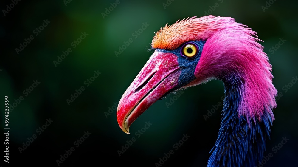 A tight shot of a long-necked, long-billed bird in pink and blue hues against a verdant backdrop A tight shot of a long-necked, long-billed bird in pink and blue hues against a verdant backdrop