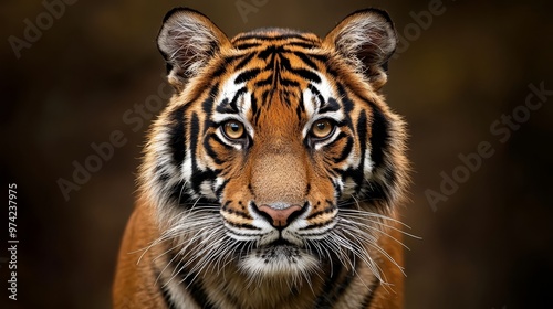  A tight shot of a tiger's intense gaze into the camera, backed by a softly blurred background